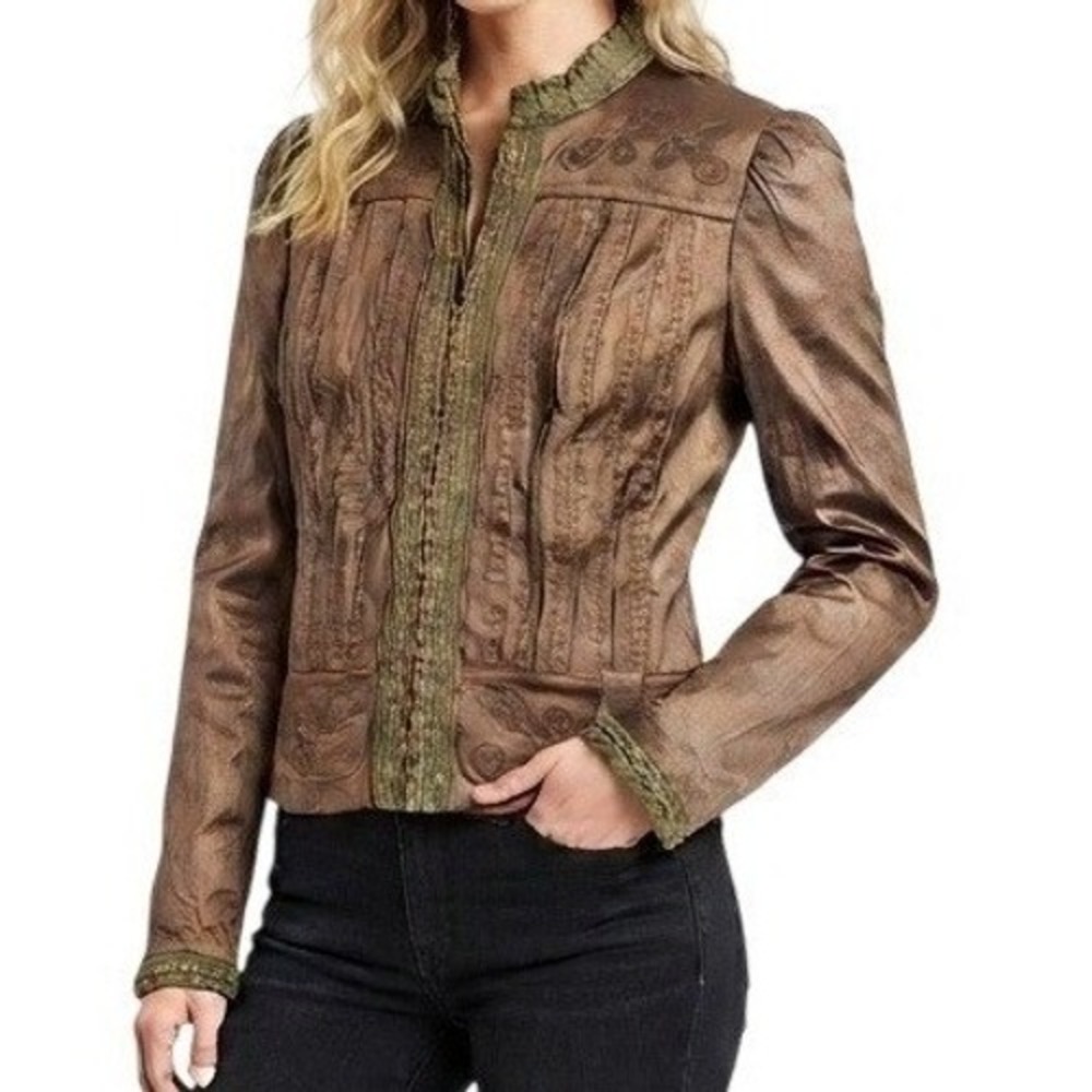 Peter Nygard Leather Jacket Womens 6 Bronze Embroidered Ruffle Boho